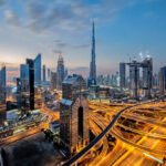 Dubai downtown at twilight with view over sheikh zayed road