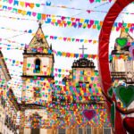 Salvador, Bahia, Brazil - June 16, 2022: Decorative colorful flags are seen in the ornamentation of the Sao Joao festivities, in Pelourinho, Historic Center of the city of Salvador.