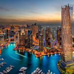 Dubai Marina from a high view showing the boats, sea, and the city scape.