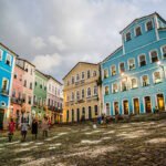 Salvador, Bahia, Brazil- September 15, 2015: Largo Pelourinho is a historic centre of the city lined with Portuguese colonial building that at dusk provide an atmospheric setting for a stroll. The blue building on the left houses museum of the famous Brazilian writer Jorge Amado.